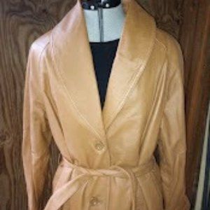 Women's Tan Leather Coat with Removable Fur Collar